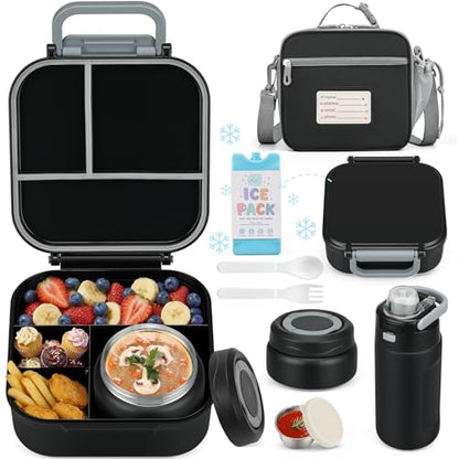 Bento Lunch Box for Kids with 7oz Soup Thermo,Insulated Stainless Steel Kids Water Bottle with Straw and Insulated Lunch Bag,Leak-Proof Lunch Food Container with Ice Pack for School(Black) - color: Black