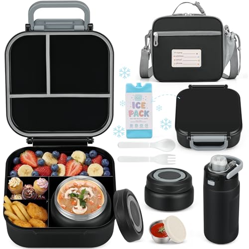 Bento Lunch Box for Kids with 7oz Soup Thermo,Insulated Stainless Steel Kids Water Bottle with Straw and Insulated Lunch Bag,Leak-Proof Lunch Food Container with Ice Pack for School(Black) - color: Black