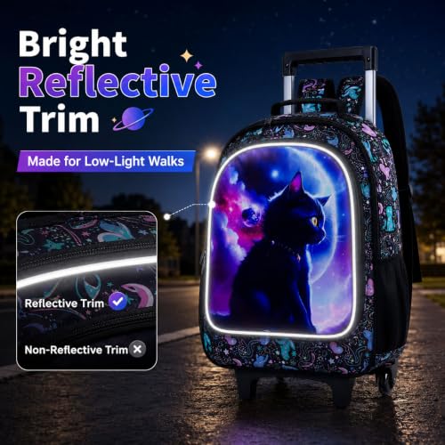 AGSDON 3PCS Rolling Backpack for Girls and Boys, Kids Roller Wheels Bookbag, Wheeled Elementary School Bag with Lunch Bag - color: Planet Cat Roller