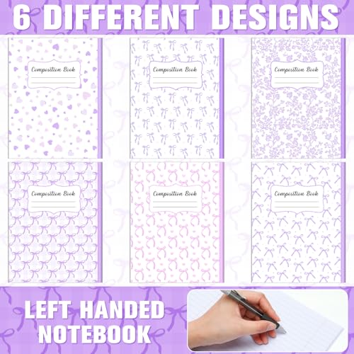 AmazingSpark 6 Pack Lefty Preppy Notebook Cute Bow Coquette Journal 7" x 9" College Wide Ruled 110 Pages Left Handed Aesthetic School Supplies Gifts for Teens Girls Women(Composition,Purple Bow) - color: Purple Bow, style: Composition