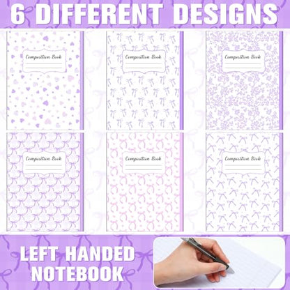 AmazingSpark 6 Pack Lefty Preppy Notebook Cute Bow Coquette Journal 7" x 9" College Wide Ruled 110 Pages Left Handed Aesthetic School Supplies Gifts for Teens Girls Women(Composition,Purple Bow) - color: Purple Bow, style: Composition