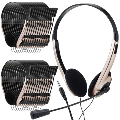 Yunsailing 30 Pack Classroom Headphones with Microphone School Student Headphones Bulk Class Set Lightweight Adjustable Earphones on Ear with 3.5 mm Jack(Champagne, Plastic Stem) - color: Champagne, style: Plastic Stem
