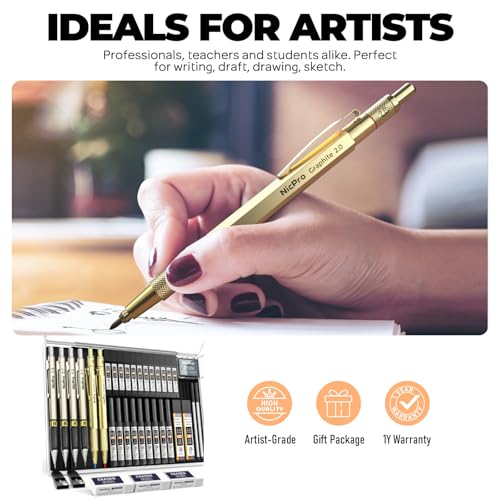 Nicpro 37PCS Gold Art Mechanical Pencil Set, 4PCS Metal Drafting Pencil 0.3/0.5/0.7/0.9 mm & 2PCS 2mm Lead Holder (6B 4B 2B HB 2H 4H) School Supplies for Sketching Drawing with 23 Tube Lead Refills - color: Gold, style: 0.3 0.5 0.7 0.9 2.0