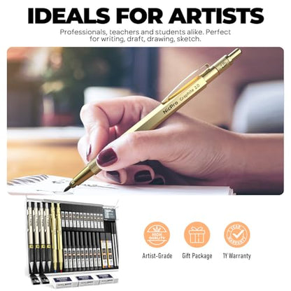 Nicpro 37PCS Gold Art Mechanical Pencil Set, 4PCS Metal Drafting Pencil 0.3/0.5/0.7/0.9 mm & 2PCS 2mm Lead Holder (6B 4B 2B HB 2H 4H) School Supplies for Sketching Drawing with 23 Tube Lead Refills - color: Gold, style: 0.3 0.5 0.7 0.9 2.0