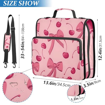Bow Cherry Pink Zipper Binder Bag 3 Ring Binder with Shoulder Strap Zip Up 500 Sheets Capacity Multi Pockets for School Office Supplies - color: Multi1499, size: Fit 500 Sheets