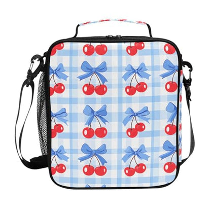 ALAZA Cherry Blue Bow Lunch Box Insulated Lunch Bag Kids Cooler Tote Bag Freezable Shoulder Strap Lunchbox for Girls School Picnic - color: Multi50