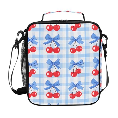 ALAZA Cherry Blue Bow Lunch Box Insulated Lunch Bag Kids Cooler Tote Bag Freezable Shoulder Strap Lunchbox for Girls School Picnic - color: Multi50