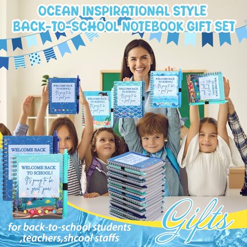 Dunzoom 40 Pcs Welcome Back to School Gifts Bulk Spiral Notebooks with Sticky Notes Motivational Pens First Day of School Notepads Party Favor for Teacher Student Classroom(Ocean Sea,Blue) - style: Ocean Sea