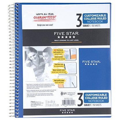 Five Star Spiral Notebook, 3 Subject, College Ruled Paper, 150 Sheets, 11" x 8-1/2", Customizable Cover, Blue (38004) - color: 01 Blue