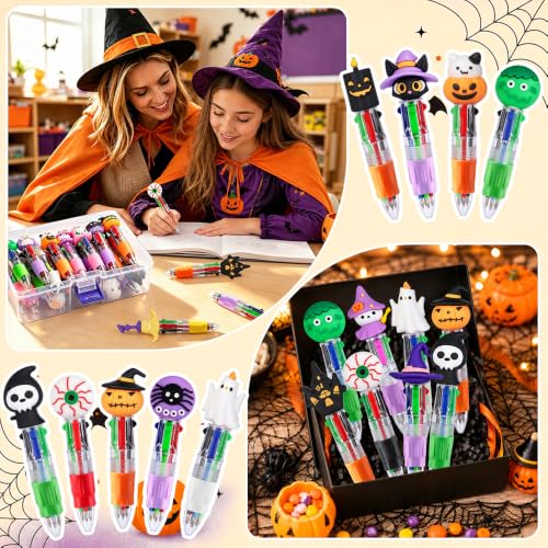 Vellibring 24 Pcs Halloween Pens 4-in-1 Mini Multicolor Retractable Ballpoint Pens Pumpkin Ghost Bat Witch Skull Cute Pens Halloween Party Favors Goodie Bag Fillers Classroom Rewards Stationery Gift - style: Cute Halloween-24pcs