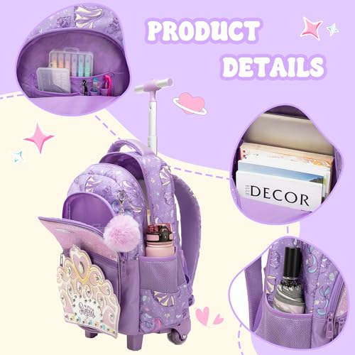 Rolling Backpack for Girls Rolling Bag Kids Rolling Suitcase with Lunch Box Pencil Case for Elementary Student Travel Luggage Girls - color: zihuangguan