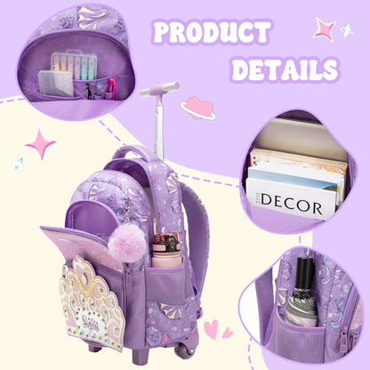 Rolling Backpack for Girls Rolling Bag Kids Rolling Suitcase with Lunch Box Pencil Case for Elementary Student Travel Luggage Girls - color: zihuangguan