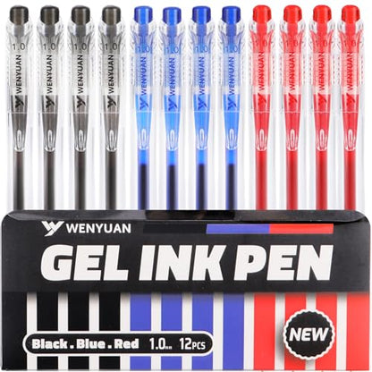 WY WENYUAN Gel Pens Set, 12 Pack Retractable Quick Dry Pens with Black Red Blue Ink, 1.0mm Smooth Writing Gel Pens for Teachers, Note Taking, Journaling, School & Office Supplies - color: Red&Black&Blue