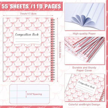 AmazingSpark 6 Pack Lefty Preppy Notebook Cute Bow Coquette Journal 7" x 9" College Wide Ruled 110 Pages Left Handed Aesthetic School Supplies Gifts for Teens Girls Women(Spiral,Pink Bow) - color: Pink Bow, style: Spiral