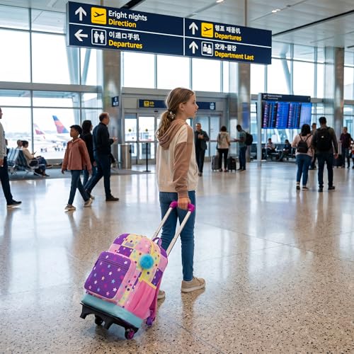 Rolling Backpack for Girls,Lightweight Kids Backpack with Wheels for School and Travel,Large Capacity Trolley Backpack for Elementary Students - color: Purple Pink Star