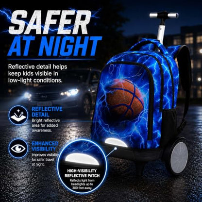 UFNDC Big Wheel Boys Backpack with Wheels, Water-Resistant Rolling School Bag with Lunch Box & Pencil Case, 3-Pack Kids Wheeled Bookbag Travel Set - Lightning Basketball - color: Rolling Backpack Lightning Basketball Blue