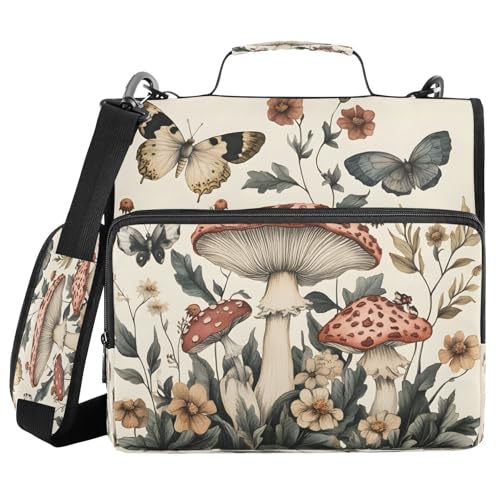 3-Ring Zipper Binder Bag, 13 Inch Laptop Organizer with Shoulder Strap Multiple Pocket File Folder for School Office - color: Mushrooms