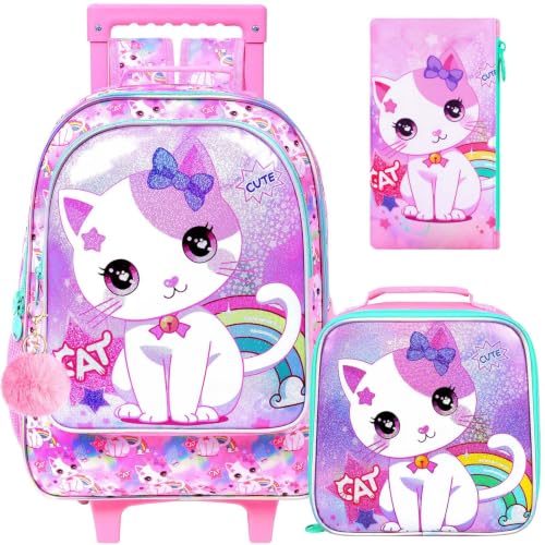 gxtvo Girls Rolling Backpack, Cute Cat Roller Wheels Kids Bookbag - Wheeled Elementary School Bag - 3PCS Cat - color: Uv Printing White Cat Rolling Backpack