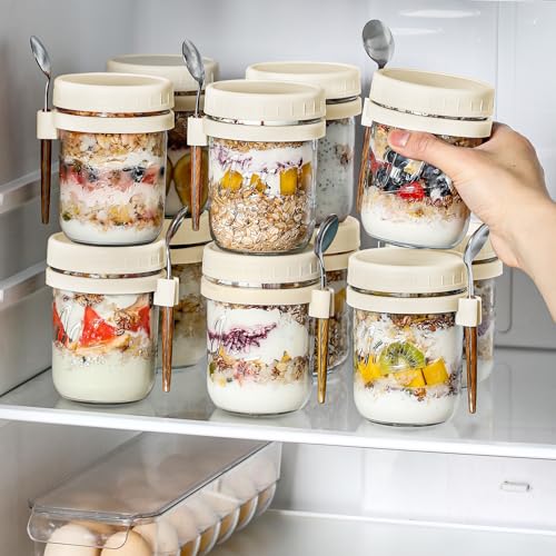 LANDNEOO 4 Pack Overnight Oats Containers with Lids and Spoons, 16 oz Glass Mason Jars with Airtight Lids, Overnight Oats Jars for Milk, Cereal, Fruit-Beige - color: Beige