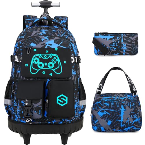 Scothen Rolling Backpack for Boys, Cool Luminous Gamer Roller School Backpacks for Boys with Lunch Bag and Pencil Pouch, Kids Backpack Bookbag with Wheels for Kindergarten Elementary Middle School - color: Blue