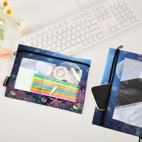 Pencil Pouch for 3 Ring Binder Jellyfish and Starfish Binder Pencil Case with Clear Window Zipper Cosmetic Bags 2 Pack for School Office College Supplies - color: Jellyfish and Starfish
