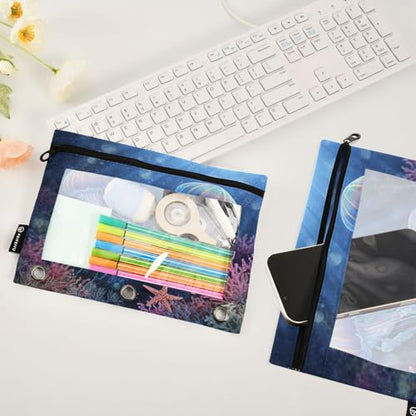 Pencil Pouch for 3 Ring Binder Jellyfish and Starfish Binder Pencil Case with Clear Window Zipper Cosmetic Bags 2 Pack for School Office College Supplies - color: Jellyfish and Starfish