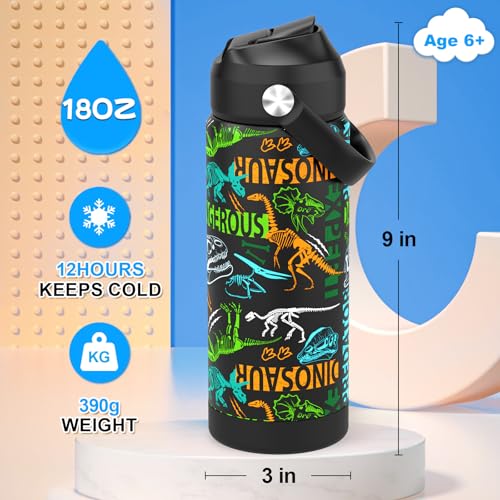 Boys Water Bottle with Straw,18 oz Kids Insulated Cups with Stainless Steel Leak Proof for School,Sport&Travel（Dinosaur） - color: A12.Dinosaur