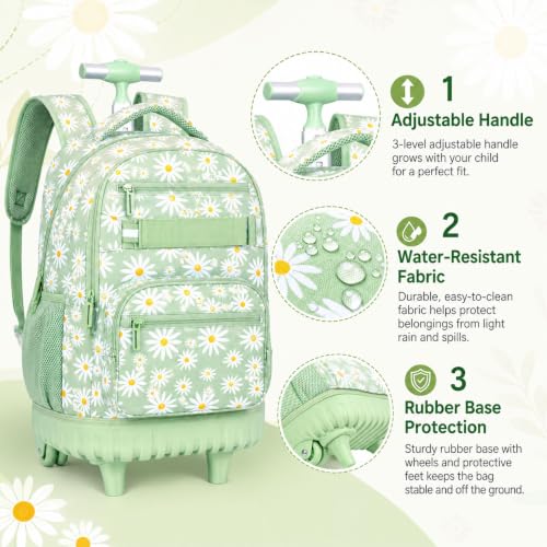 AGSDON Elegant Chrysanthemum Rolling Backpack Set – 20” Girls Roller Bookbag with Matching Lunch Box for Travel, Commute & School | Water-Resistant Fashion Wheeled Organizer in Flower Cyan - color: Rolling Backpack Set - Daisy Green