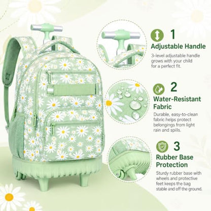 AGSDON Elegant Chrysanthemum Rolling Backpack Set – 20” Girls Roller Bookbag with Matching Lunch Box for Travel, Commute & School | Water-Resistant Fashion Wheeled Organizer in Flower Cyan - color: Rolling Backpack Set - Daisy Green