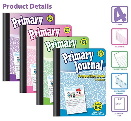Better Office Products Primary Journal, Hardcover, 4 New Fun Colors, Primary Composition Book Notebook, Grades K-2, 80 Sheet, One Subject, 9.75" x 7.5", 4 Pack