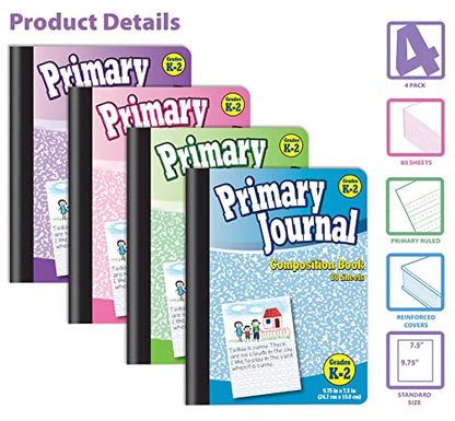 Better Office Products Primary Journal, Hardcover, 4 New Fun Colors, Primary Composition Book Notebook, Grades K-2, 80 Sheet, One Subject, 9.75" x 7.5", 4 Pack