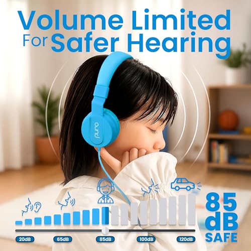 Puro Sound Labs Kids Wired Headphones – Volume-Limiting & Adjustable, Safer & Comfortable Headphones for Kids – Compatible with PCs, Smartphones & Tablets, Ideal for School & Travel – PuroBasic, Blue - color: Blue