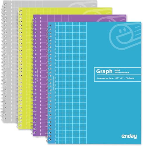 Emraw Graph Paper Notebook (4 Pack) Grid Notebook, Graph paper spiral notebook, Graph notebook, 4 Squares per inch Grid paper notebook, White Paper Quad Ruled Spiral Assorted Colors - by Enday - size: 4 Pack