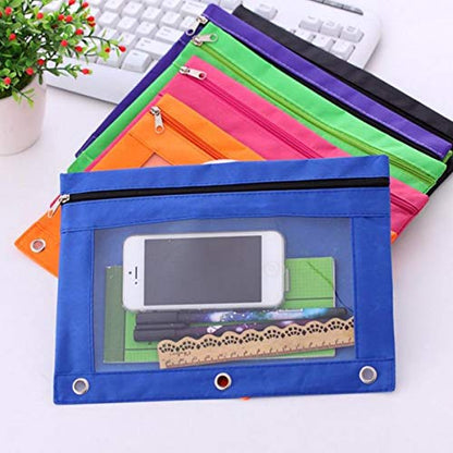 Pencil Pouch for 3 Ring Binder, Zipper Pencil Case Bag Three Hole with Clear Window Black 2 Pack - color: Black1