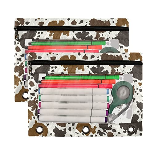 Kcldeci Pencil Pouch for 3 Ring Binder, Cowhide Leather 2 Pack Binder Pencil Pouch with Clear Window Pencil Bags with Zipper Pencil Case for Binder - color: C01