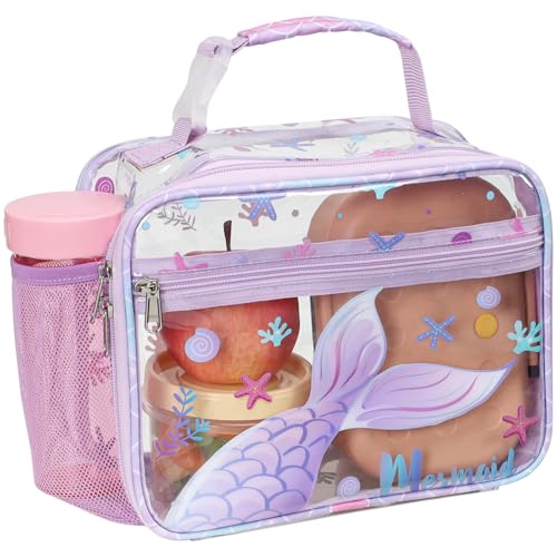 Bagseri Clear Kids Lunch Bag - School Snack Bag with Bottle Holder | Side Pocket, Buckle Handle, Wide Opening, PEVA Lining, School Girls Lunch Box, Clear Toy Bags, Purple Mermaid - color: B-purple mermaid tail