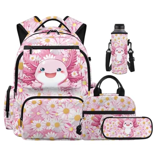 Daisy Axolotl Backpack for Kids Girls Backpack for School 4PCS Backpacks for Boys with Lunch Box Pencil Case Water Bottle Holder Kids Backpacks Bookbag for Teen Elementary Middle Primary - color: Daisy Axolotl