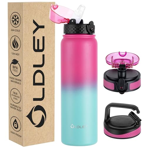 dley Insulated Water Bottle 32oz Water Bottles with Straw, Stainless Steel Water Bottle with 3 Lids, Double Wall Vacuum Bottles for Adult, Leak-proof Sports Bottles for School Travel, Rose Red-Green - color: Rose Red-Green, size: 32 Ounces