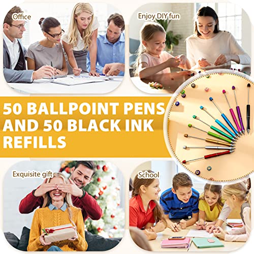 Chivao 50 Pieces Metal Beadable Pens Bulk Beaded Pens Black Ink Ballpoint with Refills Assorted Beadable Items for Focal Beads DIY Making Gifts Student Teacher Kids Women Business Office School