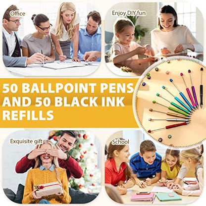 Chivao 50 Pieces Metal Beadable Pens Bulk Beaded Pens Black Ink Ballpoint with Refills Assorted Beadable Items for Focal Beads DIY Making Gifts Student Teacher Kids Women Business Office School