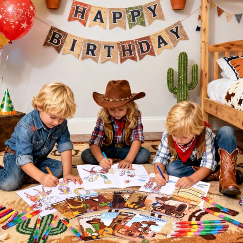 BenLouis 24 Western Cowboy Mini Coloring Books Kids With 24 Stacking Crayons Wild West Party Favors Activity Books Bulk for Kids Yee Haw Rodeo Goodie Bag Gift Stuffer Classroom Reward - style: Western Cowboy