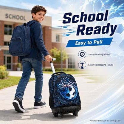 HPJGD 3PCS Soccer Rolling Backpack for Boys, Kids School Backpacks with Wheels, Water Resistant Roller Wheeled Bookbag Set with Lunch Box - color: Black Soccer Rolling Set