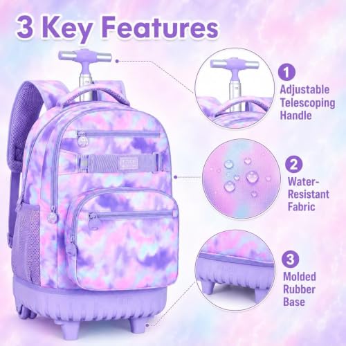 3Pcs Rolling Backpack for Girls, 19 Inche Women Roller Bag with Wheels for Adults, Wheeled Bookbag with Lunch Box(Purple) - color: Tie-dye Purple