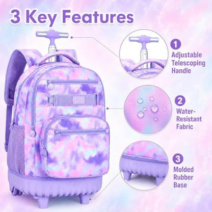 3Pcs Rolling Backpack for Girls, 19 Inche Women Roller Bag with Wheels for Adults, Wheeled Bookbag with Lunch Box(Purple) - color: Tie-dye Purple