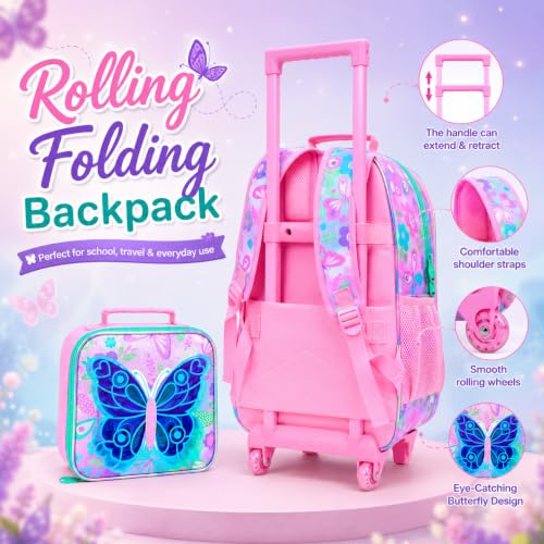 CCJPX 3Pcs Butterfly Rolling Backpack for Girls, 18" Kids Wheeled Bookbag with Lunch Box, Lightweight Roller School Bag for Elementary Preschool (Pink) - color: Pink Butterfly(with Sequins)