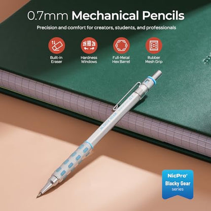 Nicpro 0.7 mm Mechanical Pencil, Metal Drafting Pencil with Eraser | 120 HB Lead Refills, Professional Drawing Pencil for Artists, Students, School, Writing, Sketching - size: 60 Count (Pack of 2)