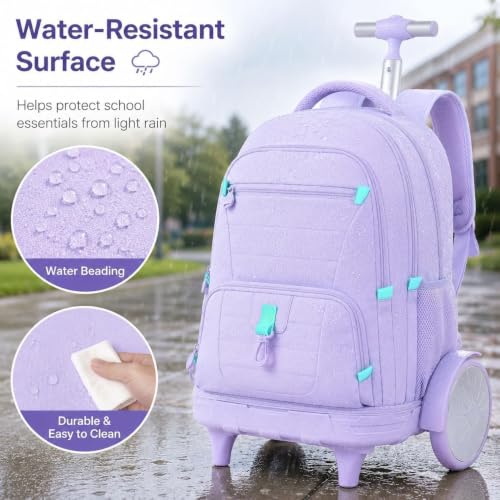 CCJPX 3Pcs Women & Girls Rolling Backpack with Bigger Wheels, Extra-Large Wheeled Bookbag with Lunch Box, Water Resistant Extra-Large Roller Luggage for Travel, Work, College (Purple) - color: Purple(upgrade Large Wheel)
