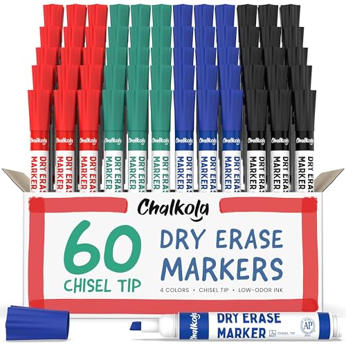 Chalkola Dry Erase Markers Bulk - 60 Pack (15x Black, Red, Green Blue) | White Board Markers - Dry Erase Pens, Low odor Whiteboard Pens for Kids, Home, Office & Back to School Supplies - color: 4 Colors - BK, R, G, B, size: Chisel Tip
