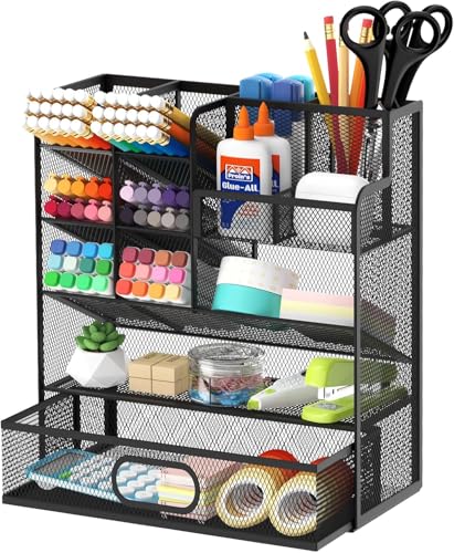 Pen Organizer for Desk - Multi-Functional Pencil Holder with Drawer Desk Organizers, Large Capacity Storage for School Office Home Supplies (Black) - color: Black