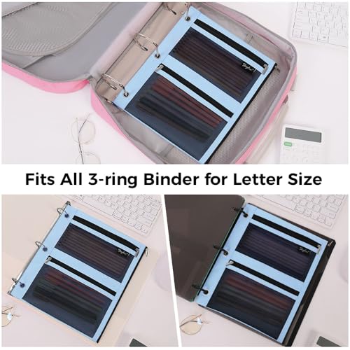 SKYDUE 3 Ring Pencil Pouch for Binder, Zipper Binder Pencil Pouch with 3 Pockets and Mesh Window, Durable Organizer for School Supplies, Cables, Earbuds, Makeup - color: Skyblue